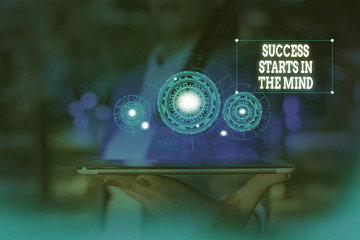 Text sign showing Success Starts In The Mind. Business photo text set your mind to positivity it can go a long way Woman wear formal work suit presenting presentation using smart device