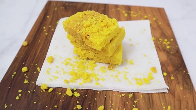 Closeup shot of Mysore pak or Mysuru paaka, is an Indian sweet prepared with ghee it is Famous in Southern India.