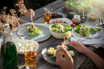 Dinner with organic salad on rustic wooden table, Food healthy organic vegetable concept