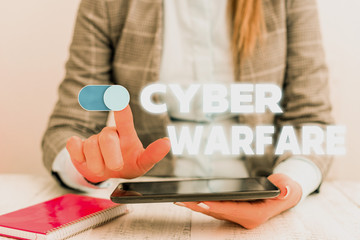 Conceptual hand writing showing Cyber Warfare. Concept meaning Virtual War Hackers System Attacks...