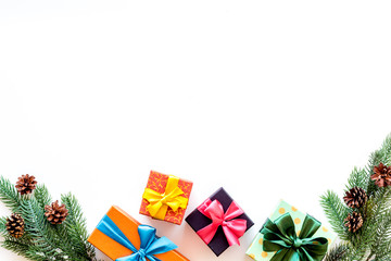 new year party preparation frame with gifts on white background top veiw space for text