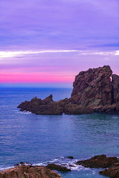 Pink sky at sunrise in Chengshantou, Weihai, Shandong, China
