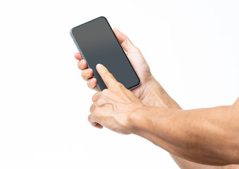 Man hand holding black smartphone isolated on white background, clipping path
