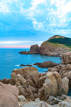 Pink sky at sunrise in Chengshantou, Weihai, Shandong, China