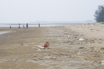 Lok Kawi, Kota Kinabalu, Sabah, Malaysia - September 08, 2019: There is a lot of rubbish left in Lok Kawi Beach. This rubbish are dumped into the sea and washed away to this beach.