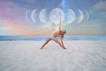 Beautiful woman is practicing yoga on the beach on Milky Way background.