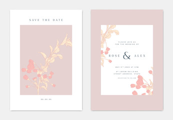 Minimalist botanical wedding invitation card template design, sakura flowers with leaves line art ink drawing, pink and white tones © momosama