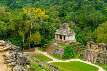 Aerial view of the Mayan temple ruins of Palenque, with a jungle setting during daytime near the...
