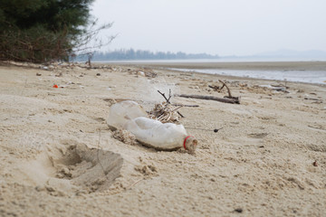 Fototapeta na wymiar Lok Kawi, Kota Kinabalu, Sabah, Malaysia - September 08, 2019: There is a lot of rubbish left in Lok Kawi Beach. This rubbish are dumped into the sea and washed away to this beach.