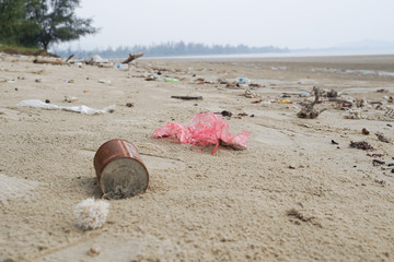Lok Kawi, Kota Kinabalu, Sabah, Malaysia - September 08, 2019: There is a lot of rubbish left in Lok Kawi Beach. This rubbish are dumped into the sea and washed away to this beach.