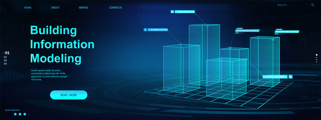 Building Information Modeling concept. Bim web page banner.  Vector illustration concept with models buildings. The concept of business. Industry construction, from start to finish. Bim vector banner