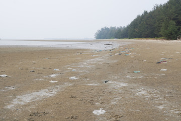 Lok Kawi, Kota Kinabalu, Sabah, Malaysia - September 08, 2019: There is a lot of rubbish left in Lok Kawi Beach. This rubbish are dumped into the sea and washed away to this beach.
