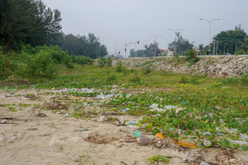 Lok Kawi, Kota Kinabalu, Sabah, Malaysia - September 08, 2019: There is a lot of rubbish left in Lok Kawi Beach. This rubbish are dumped into the sea and washed away to this beach.
