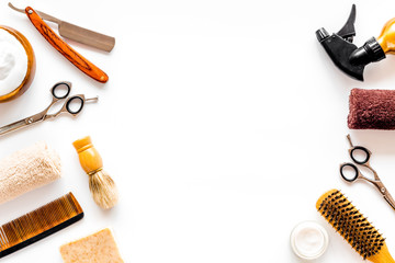 Barbershop concept. Hairdressing tools on white background top view copy space