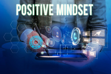 Text sign showing Positive Mindset. Business photo showcasing mental attitude in wich you expect favorable results Woman wear formal work suit presenting presentation using smart device