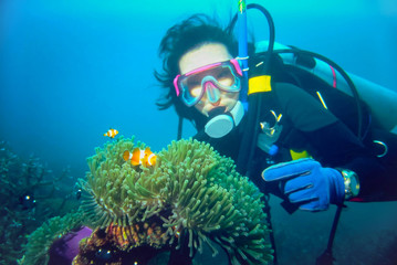 Diver is on diving, seeing and exploring on nice, colorful false clown anemone fish that live in sea anemone. Photo: Similan Island, Thailand.
