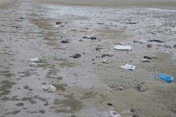 Lok Kawi, Kota Kinabalu, Sabah, Malaysia - September 08, 2019: There is a lot of rubbish left in Lok Kawi Beach. This rubbish are dumped into the sea and washed away to this beach.