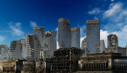 Ruins of a city apocalyptic landscape 3d illustration concept