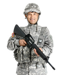Mature male soldier on white background