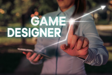Conceptual hand writing showing Game Designer. Concept meaning Campaigner Pixel Scripting Programmers Consoles 3D Graphics