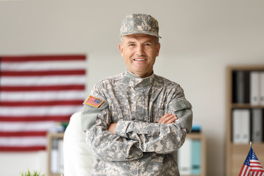 Mature male soldier in headquarters building