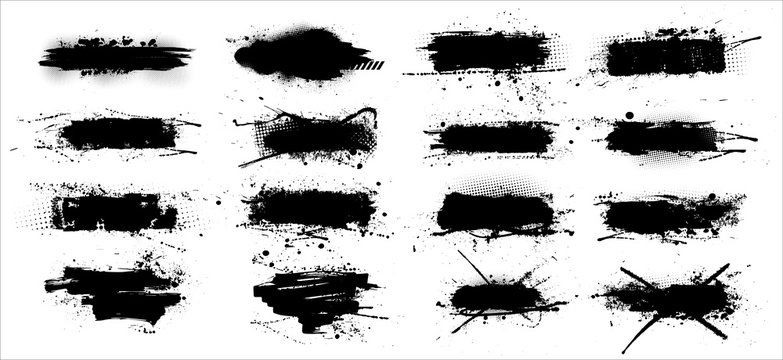 Ink splashes stencil - vector set. High quality manually traced. Black inked splatter dirt stain splatter spray splash with drops blots isolated. Vector grunge silhouette collection color dirty liquid