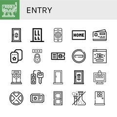 Set of entry icons such as Raffle, Door, Password, Doormat, Member card, Ticket, No entry, Entrance, Car key, Forbidden , entry
