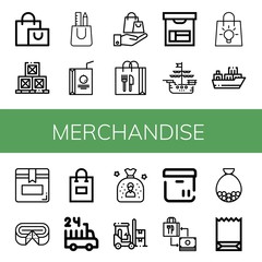 Set of merchandise icons such as Shopping bag, Boxes, Bag, Juice box, Box, Ship, Cargo ship, Cheese, hours delivery, Forklift, Paper bag , merchandise