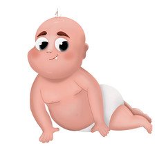 cute baby in diaper on white background, illustration
