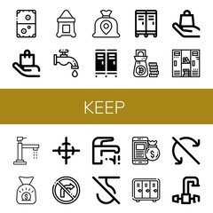 Set of keep icons such as Air hockey, Handle with care, Sack, Faucet, Money bag, Locker, Center of gravity, No turn right, Do not use hook, Do not roll , keep