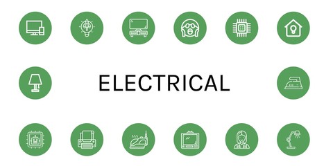 Set of electrical icons such as Televisions, Lightbulb, Tv set, Shocked, Cpu, Lighting, Printer, Iron, Tv, Electrician, Lamp , electrical