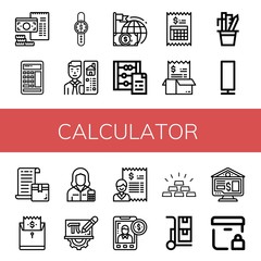 Set of calculator icons such as Bill, Calculator, Time is money, Real estate, Finance, Abacus, Stationery, Paper lamp, Accountant, Mathematics, Accounting, Gold, Trolley , calculator