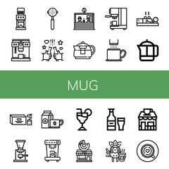Set of mug icons such as Coffee grinder, Coffee maker, Portafilter, Beer, Coffee shop, Teapot, cup, Cupping, French press, Tea bag, machine, Cosmopolitan, Donut shop , mug