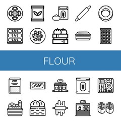 Set of flour icons such as Dumpling, Bread, Seed bag, Flour, Rolling pin, Bagel, Semolina, Bakery, Dough, Mixing table, Bun , flour
