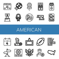 Set of american icons such as th of july, Basketball, Dreamcatcher, Steak, Pancake, French fries, Sign, Football player, Eagle, Rugby, Basketball player, United states of america , american