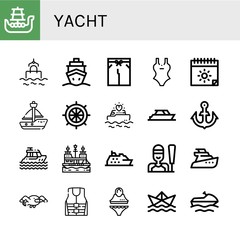 Set of yacht icons such as Battleship, Sea, Cruise, Swimsuit, Summer, Sailboat, Rudder, Yatch, Yacht, Anchor, Pirate ship, Sailing, Seagull, Life jacket, Paper ship, Jet ski , yacht