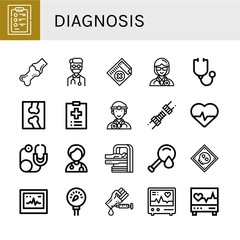 Set of diagnosis icons such as Diagnosis, Joint, Doctor, Medical certificate, Stethoscope, X ray, Medical record, Cardiology, Mri, Blood test, Ecg, Pressure, Electrocardiogram , diagnosis