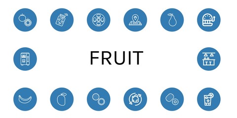 Set of fruit icons such as Tomato, Jar, Cheesecake, Ice cream, Pear, Slot machine, Banana, Mango, Rambutan, Metabolism, Kiwi, Cuba libre, Juice, Bar , fruit