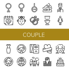 Set of couple icons such as Third gender, World pride day, Androgyne, Girl, Genderless, Gay, Romantic, Toilet, Groom, Female, Pencil dress, Woman, Wedding invitation , couple