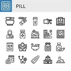 Set of pill icons such as Blister pack, Mortar, Diabetes, Pills, Bandage, Hospital, Pharmacist, Medicine, Pharmacy, Health, Vitamins, Phonendoscope, Ointment, Lithotherapy , pill