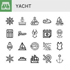 Set of yacht icons such as Swimsuit, Helm, Galleon, Sailboat, Motorboat, Boat, Airbed, Summer, Sea, Sailing boat, Boat porthole, Yacht, Inflatable Anchor , yacht