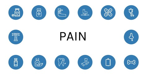 Set of pain icons such as Medicine, Bandage, Trap, Band aid, Intravenous therapy, Drug container, Healthy tooth, Tooth, Iv bag, Bone, Stun gun, Nose bleeding , pain