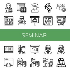 Set of seminar icons such as Teacher, Tutorial, Studying, Press conference, Student, Presentation, Education, Online learning, Blackboard, Director, Professor , seminar