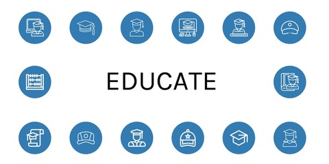 Set of educate icons such as Graduate, Mortarboard, Student, Cap, Graduation, Graduated, Abacus , educate