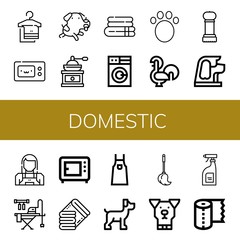 Set of domestic icons such as Towel, Microwave, Dog, Coffee grinder, Washing machine, Animal, Rooster, Grinder, Maid, Ironing board, Towels, Apron, Mop, Cleaning products , domestic
