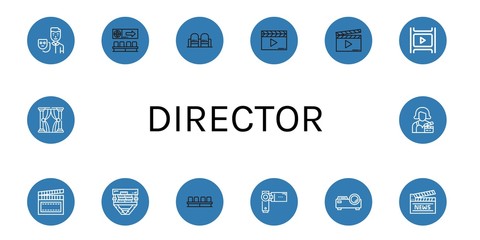 Set of director icons such as Actor, Movie, Clapperboard, Film, Videocamera, Projector, Theatre, Actress , director