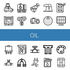 Set of oil icons such as Car, Dam, Tank, Aromatic, Essential oil, Tank truck, Power plant, Coconut, Jerrycan, Solar energy, Easel, Valve, Painting, Pipe, Green energy, Oil ,