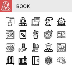 Set of book icons such as Teacher, Directory, Judge, Ebook, Graduation, Bible, Sketchbook, Medical book, Stationery, Office, Video call, Learning, Knowledge, Graduated , book