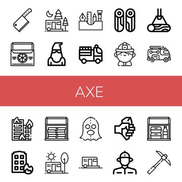 Set of axe icons such as Cleaver, Thermo bag, Camping, Executioner, Painting tools, Fire truck, Wood, Firefighter, Building on fire, House on fire, Axe, Pickaxe , axe