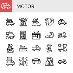 Fototapeta premium Set of motor icons such as Electric car, Caravan, Engine, Ice cream truck, Hybrid solution, Taxi, Motorbike, Food delivery, Tramway, Motorcycle, Biker, Boat, Jeep, Boat engine , motor
